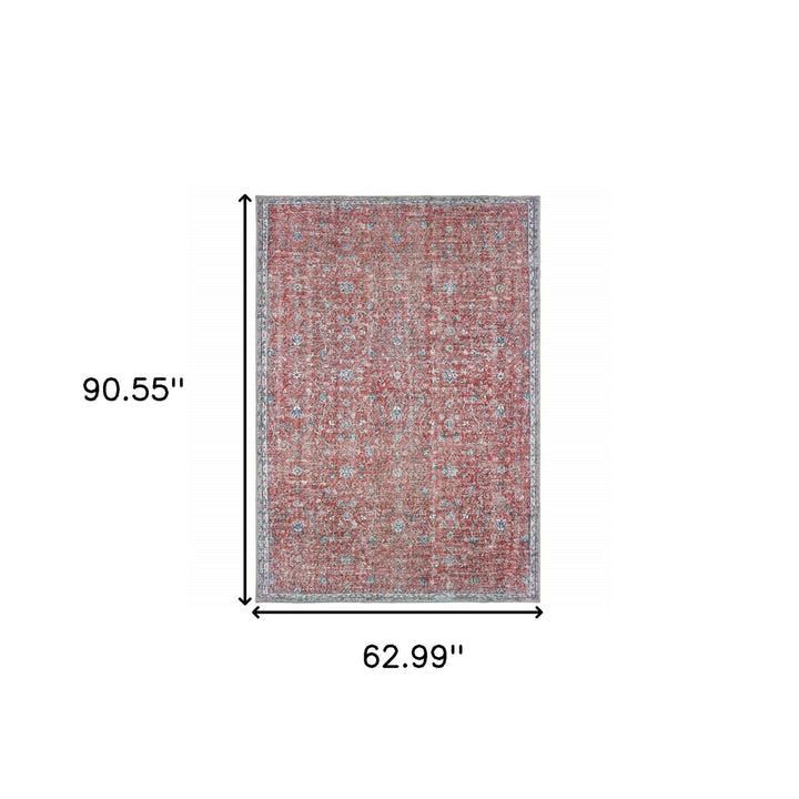 5 X 8 Red And Blue Oriental Power Loom Stain Resistant Area Rug Image 5