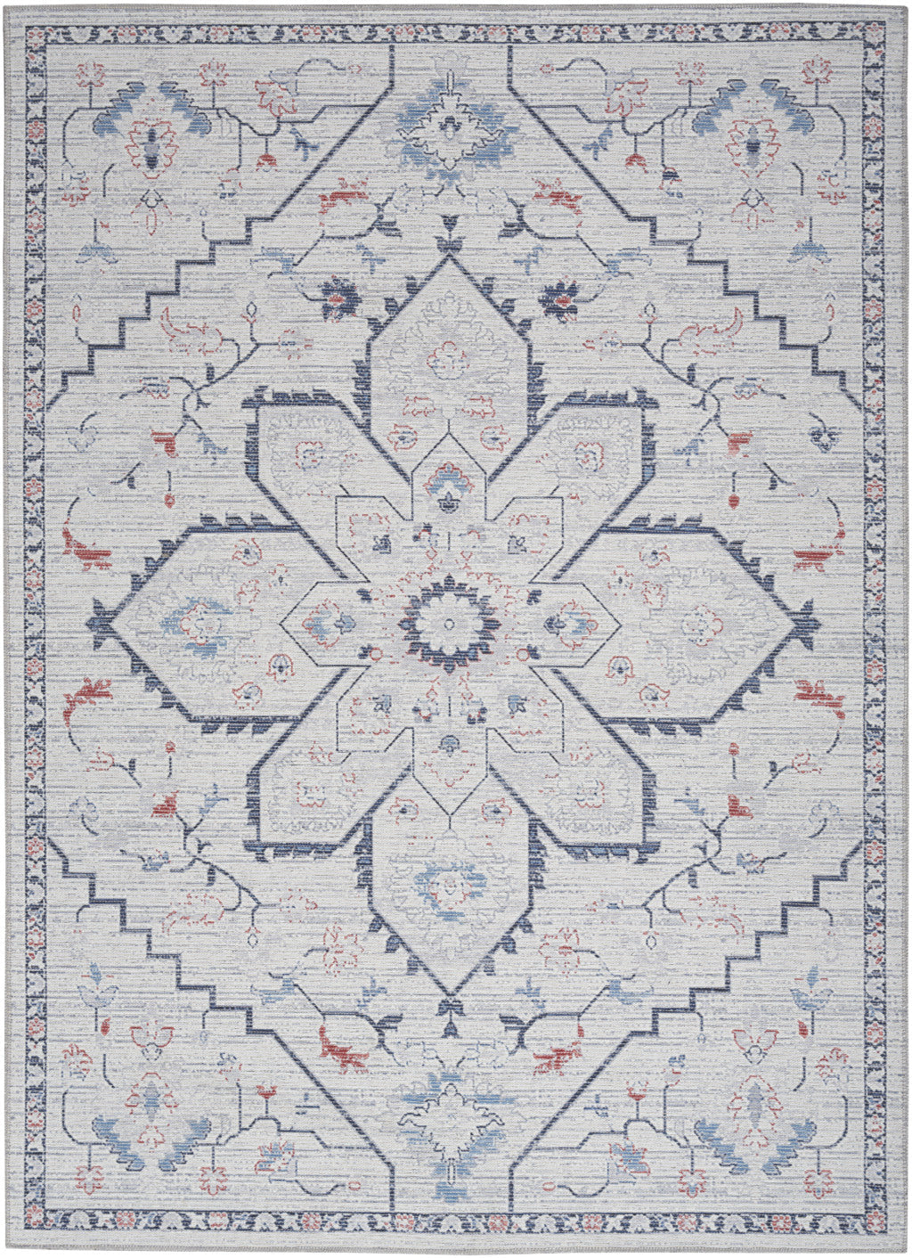 6 x 9 Ivory and Blue Oriental Power Loom Washable Area Rug Image 1