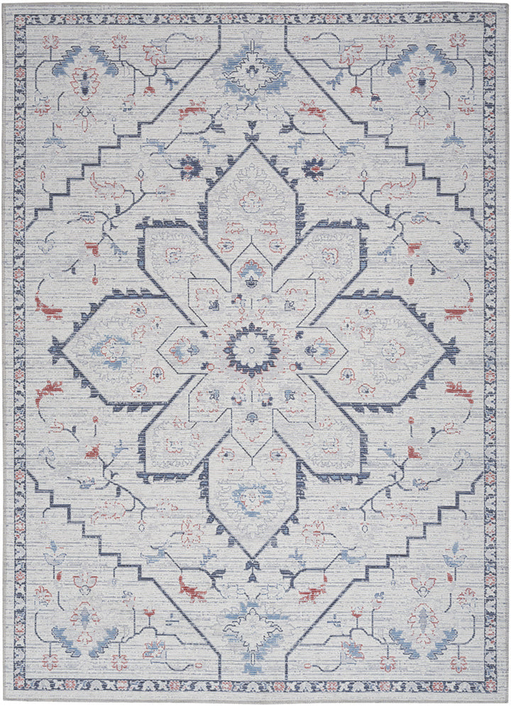 6 x 9 Ivory and Blue Oriental Power Loom Washable Area Rug Image 1