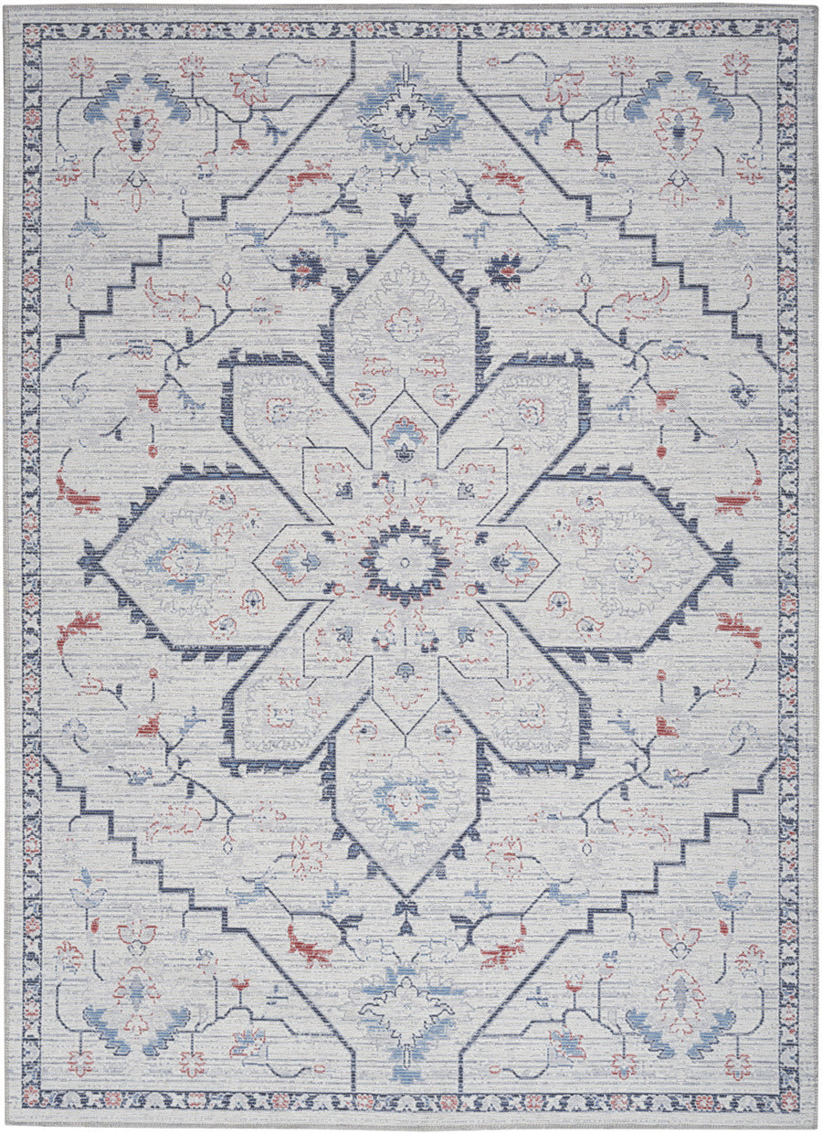 6 x 9 Ivory and Blue Oriental Power Loom Washable Area Rug Image 1