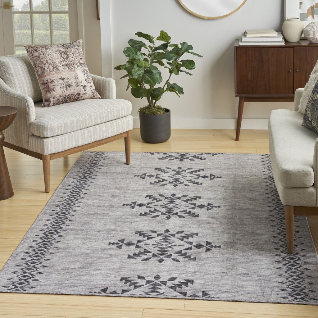 6 x 9 Gray and Ivory Geometric Power Loom Washable Area Rug Image 4