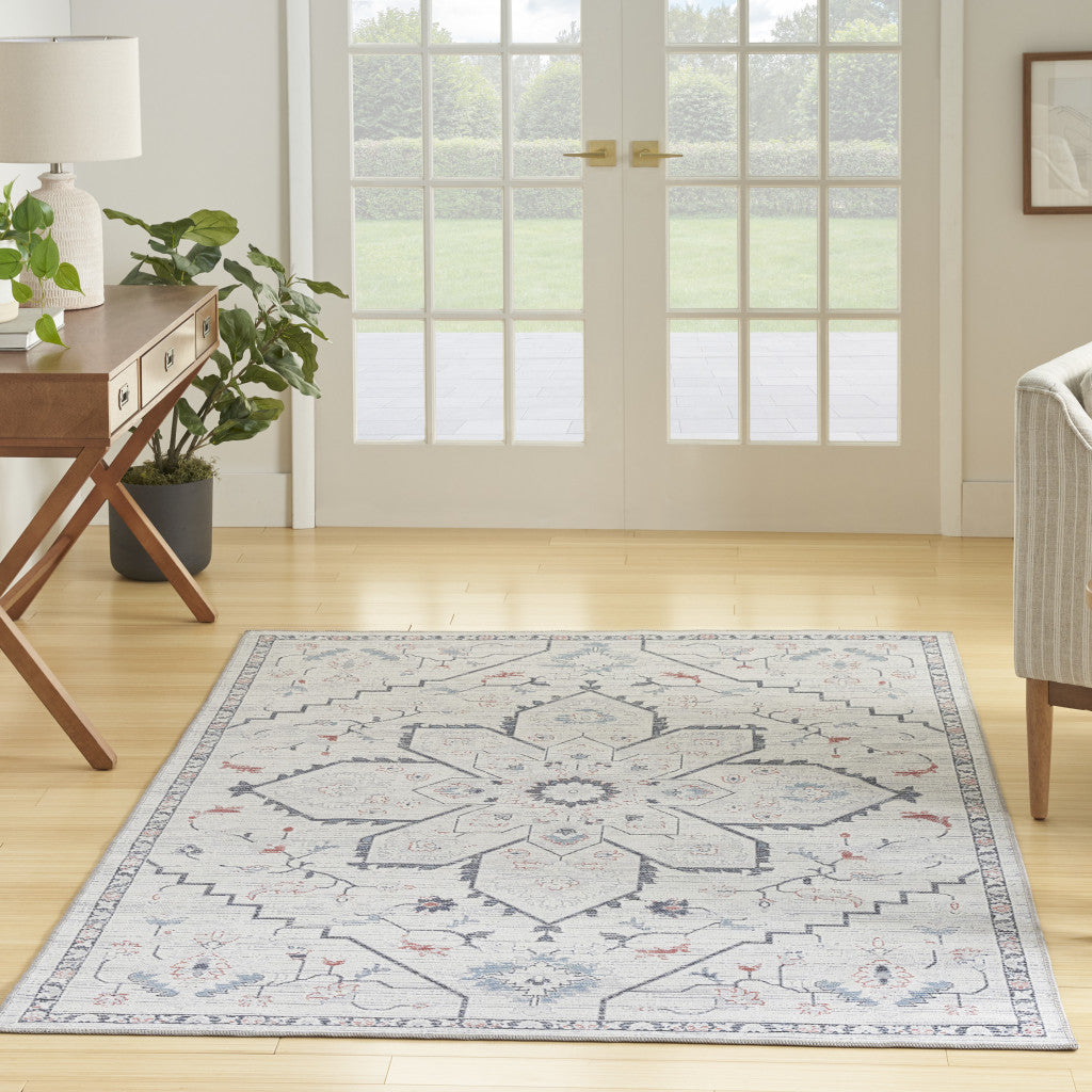 6 x 9 Ivory and Blue Oriental Power Loom Washable Area Rug Image 7