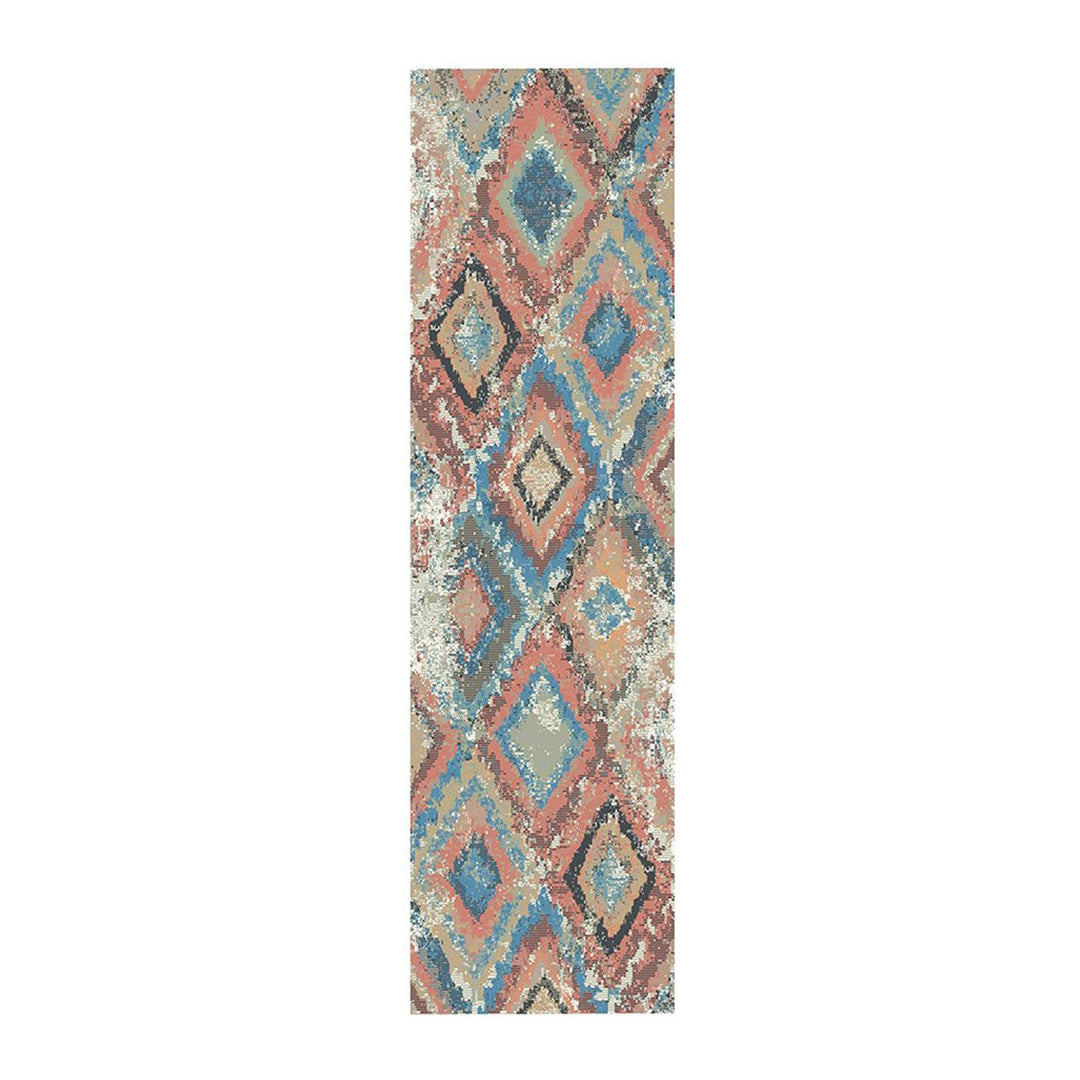 8 Blue Geometric Distressed Runner Rug With Fringe Image 1