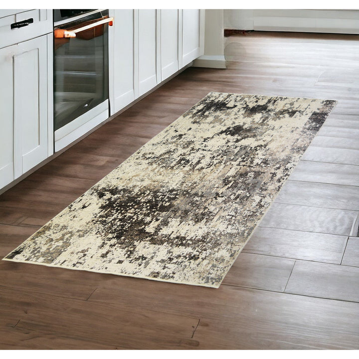 8 Black Abstract Distressed Runner Rug With Fringe Image 5