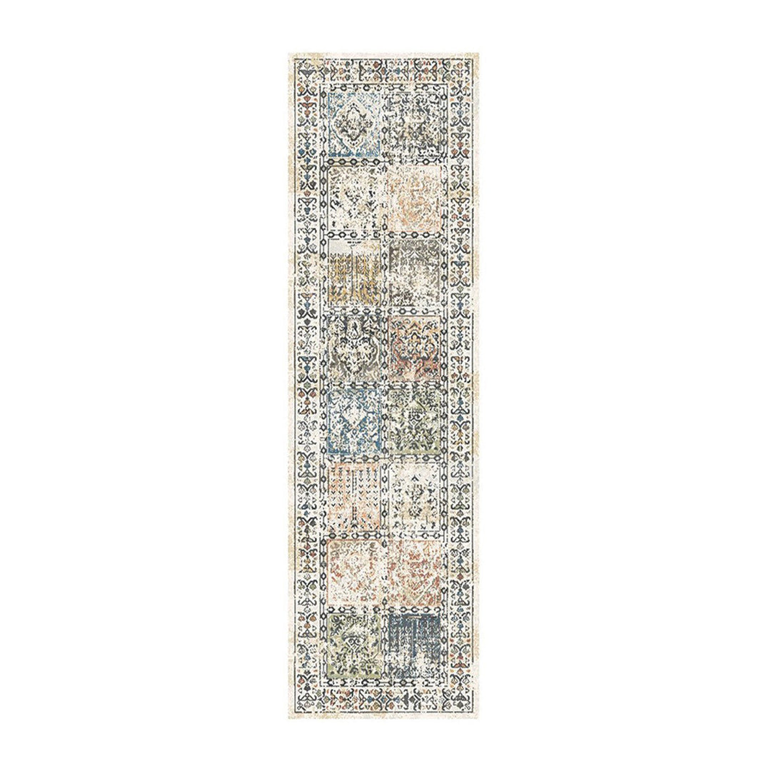 8 Ivory Blue and Gray Patchwork Distressed Runner Rug With Fringe Image 1