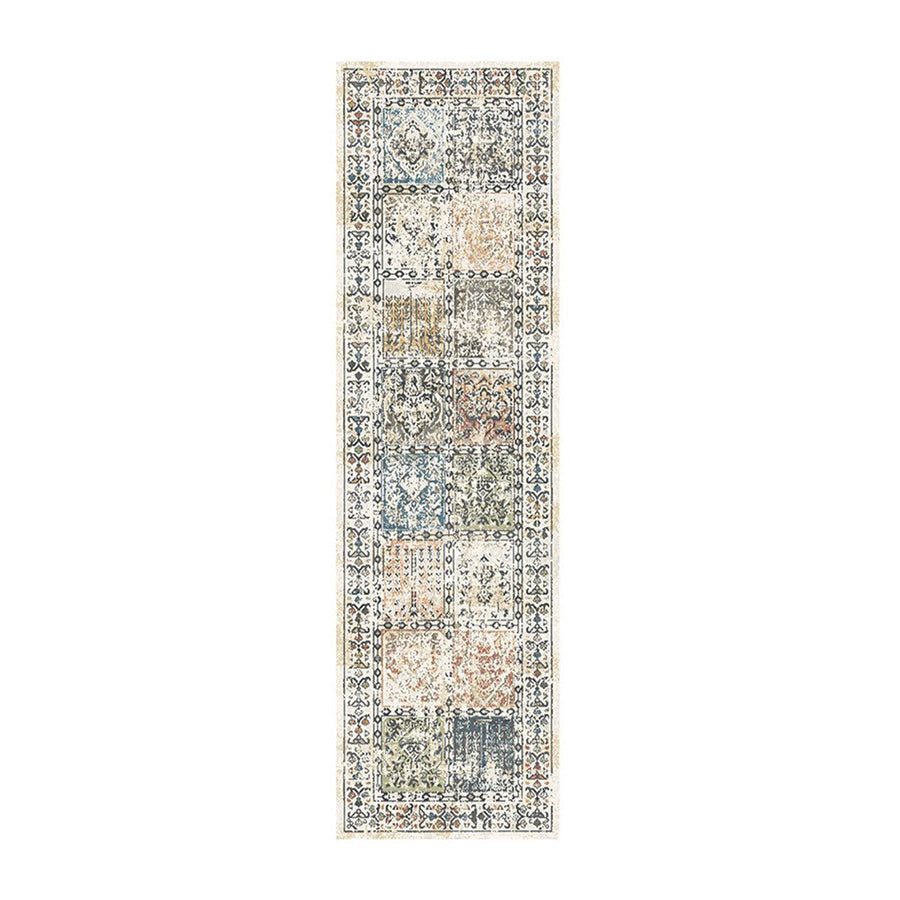 8 Ivory Blue and Gray Patchwork Distressed Runner Rug With Fringe Image 1