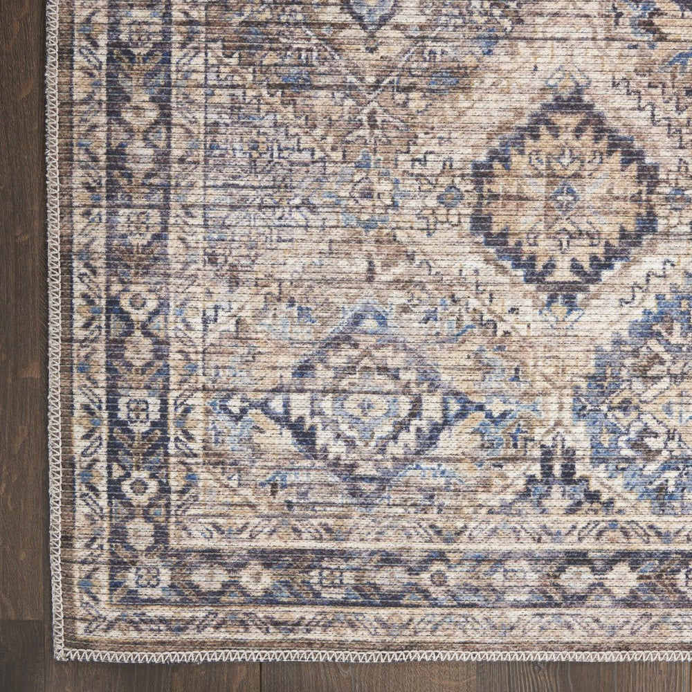 8 Ivory and Tan Floral Power Loom Distressed Washable Runner Rug Image 2