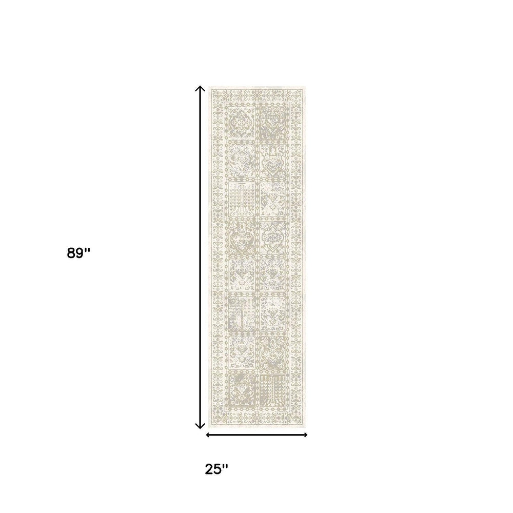 8 Ivory Oriental Distressed Runner Rug With Fringe Image 2