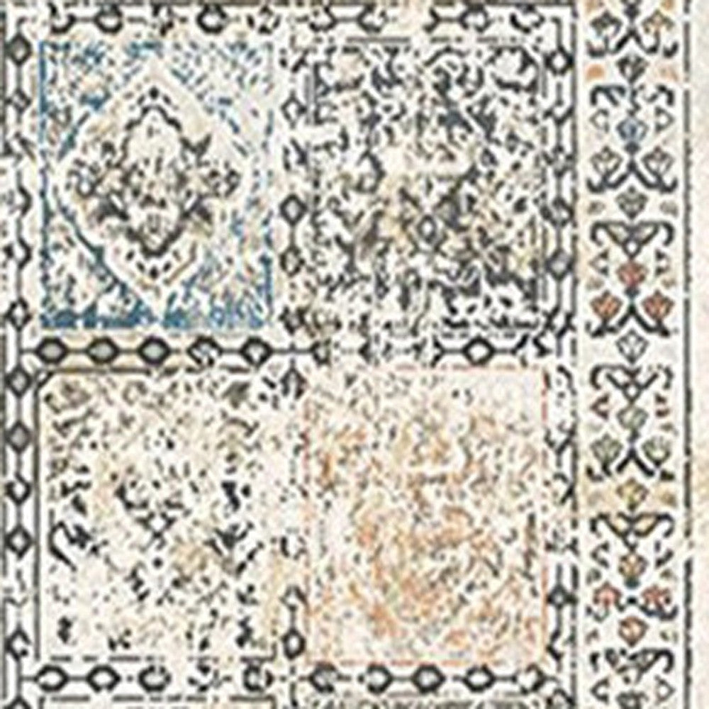 8 Ivory Blue and Gray Patchwork Distressed Runner Rug With Fringe Image 3