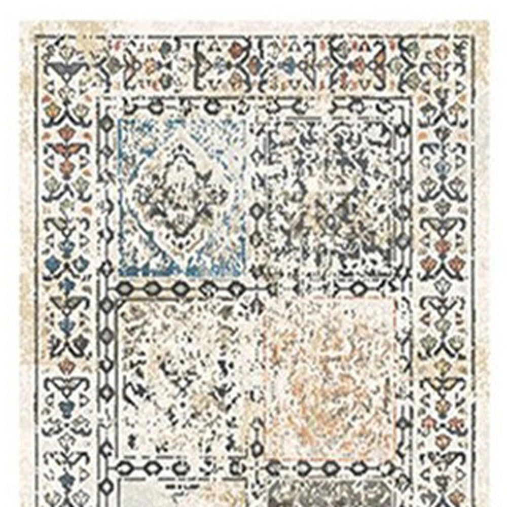 8 Ivory Blue and Gray Patchwork Distressed Runner Rug With Fringe Image 4