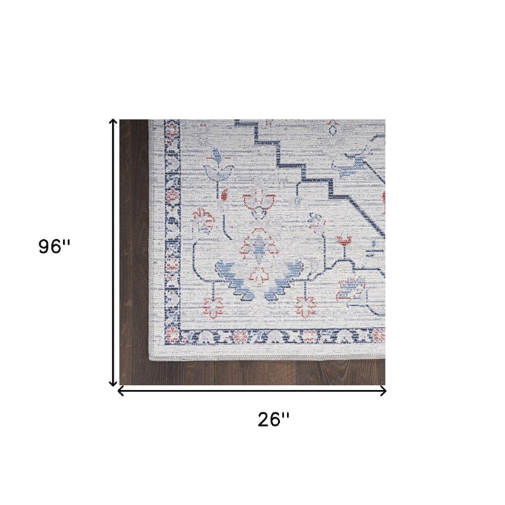 8 Ivory and Blue Oriental Power Loom Washable Runner Rug Image 7