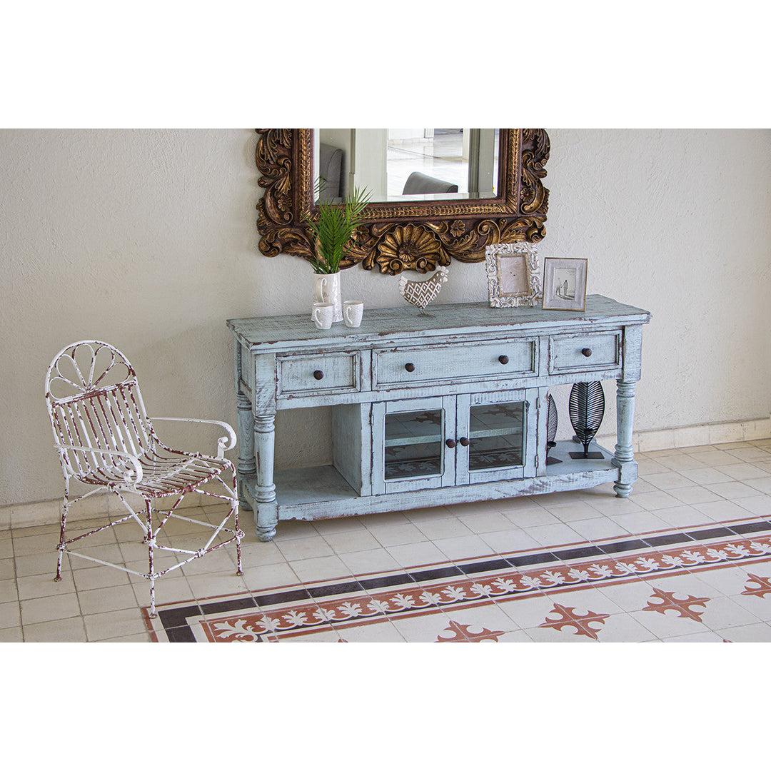 70" Blue Solid Wood Open shelving Distressed TV Stand Image 3