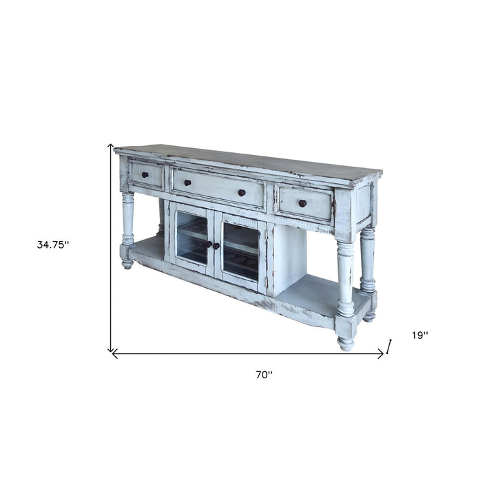 70" Blue Solid Wood Open shelving Distressed TV Stand Image 6