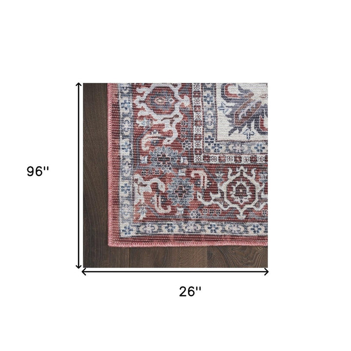 8 Red and Ivory Floral Power Loom Distressed Washable Runner Rug Image 8