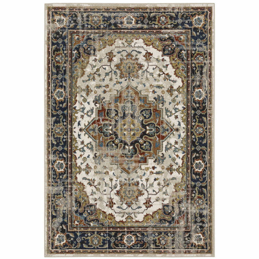 8 X 10 Beige Blue Green Rust And Grey Oriental Power Loom Stain Resistant Area Rug Image 1