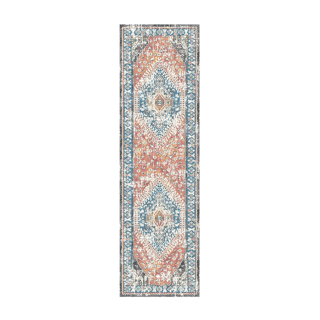 8 Teal Taupe and Rust Geometric Distressed Runner Rug With Fringe Image 1