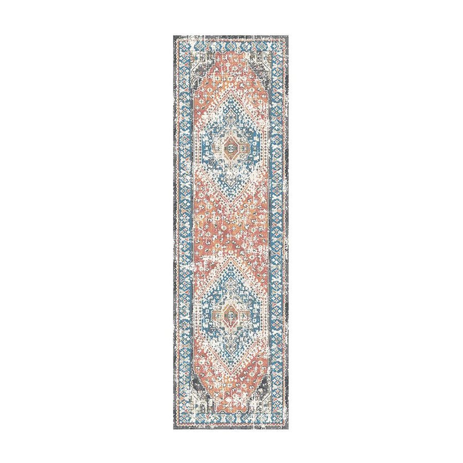 8 Teal Taupe and Rust Geometric Distressed Runner Rug With Fringe Image 1