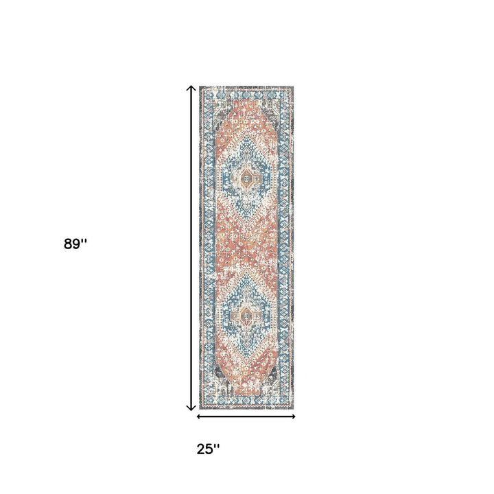 8 Teal Taupe and Rust Geometric Distressed Runner Rug With Fringe Image 2