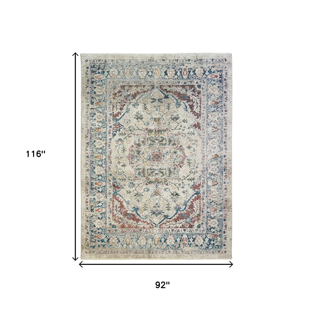 8 x 10 Ivory Blue and Gray Oriental Distressed Area Rug With Fringe Image 2