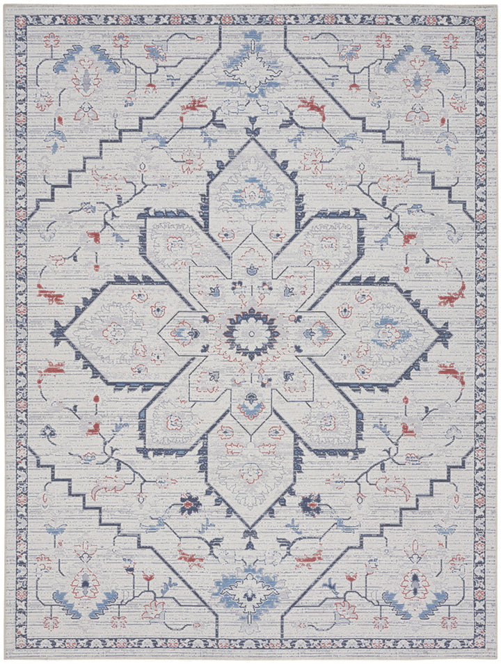 8 x 10 Ivory and Blue Oriental Power Loom Washable Area Rug Image 1