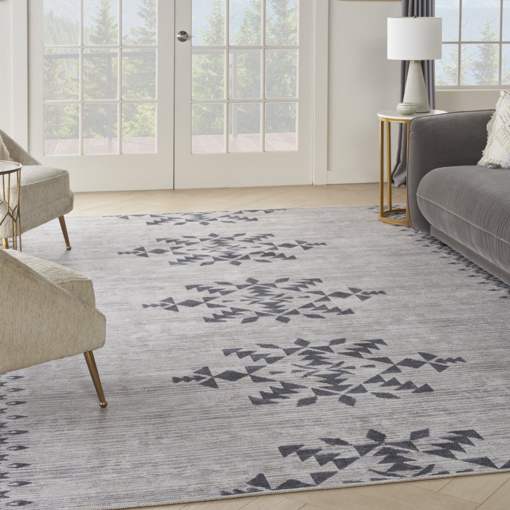 8 x 10 Gray and Ivory Geometric Power Loom Washable Area Rug Image 4