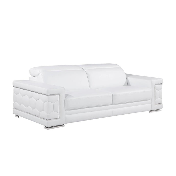 89" White Leather Sofa With Silver Legs Image 1