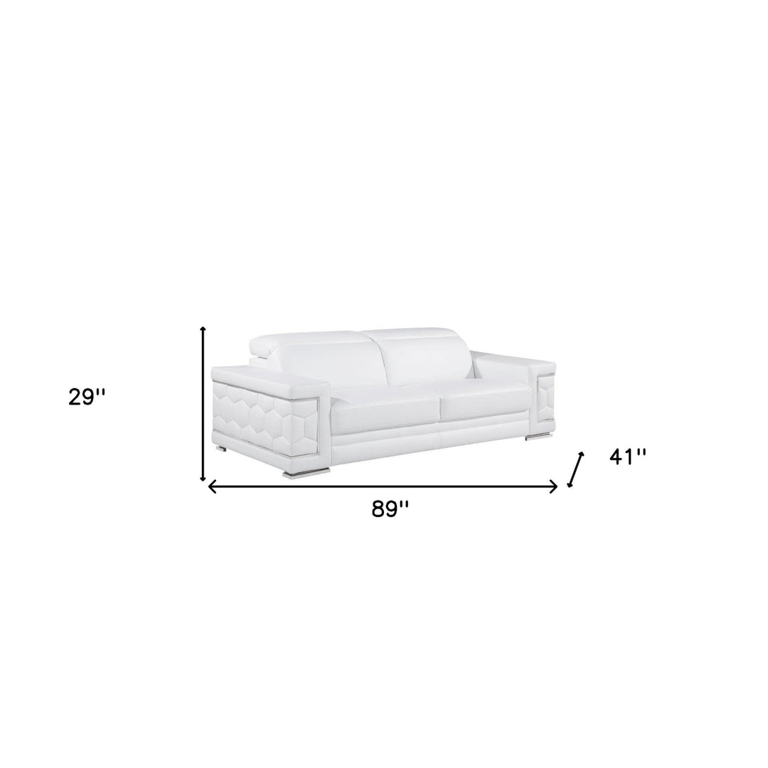 89" White Leather Sofa With Silver Legs Image 8