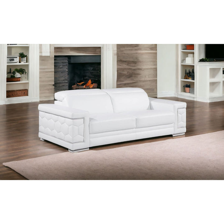 89" White Leather Sofa With Silver Legs Image 11