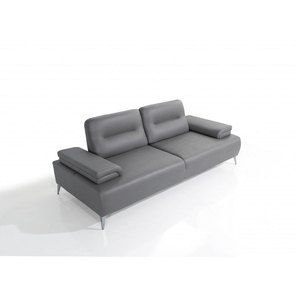 89" Light Gray Leather Convertible Sofa And Toss Pillows With Silver Legs Image 1