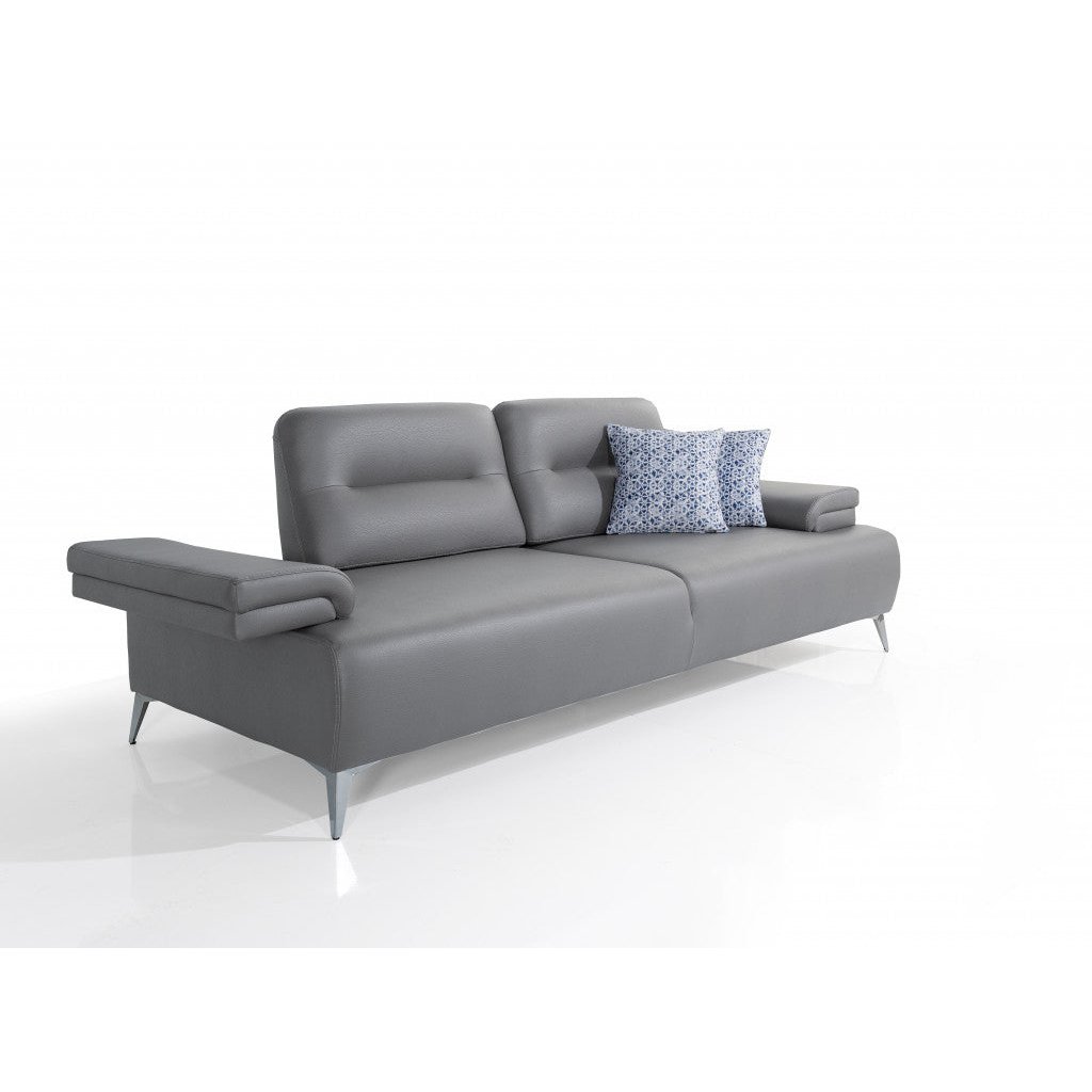 89" Light Gray Leather Convertible Sofa And Toss Pillows With Silver Legs Image 3