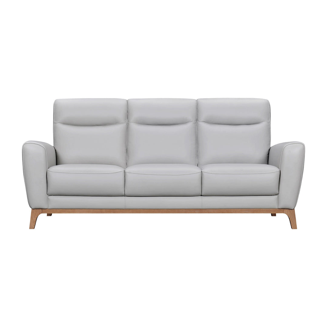 83" Gray Leather Sofa With Brown Legs Image 1