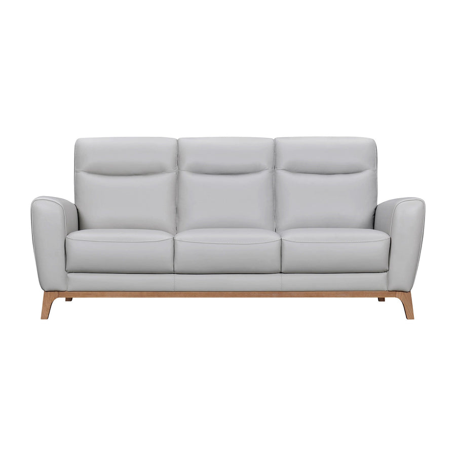 83" Gray Leather Sofa With Brown Legs Image 1