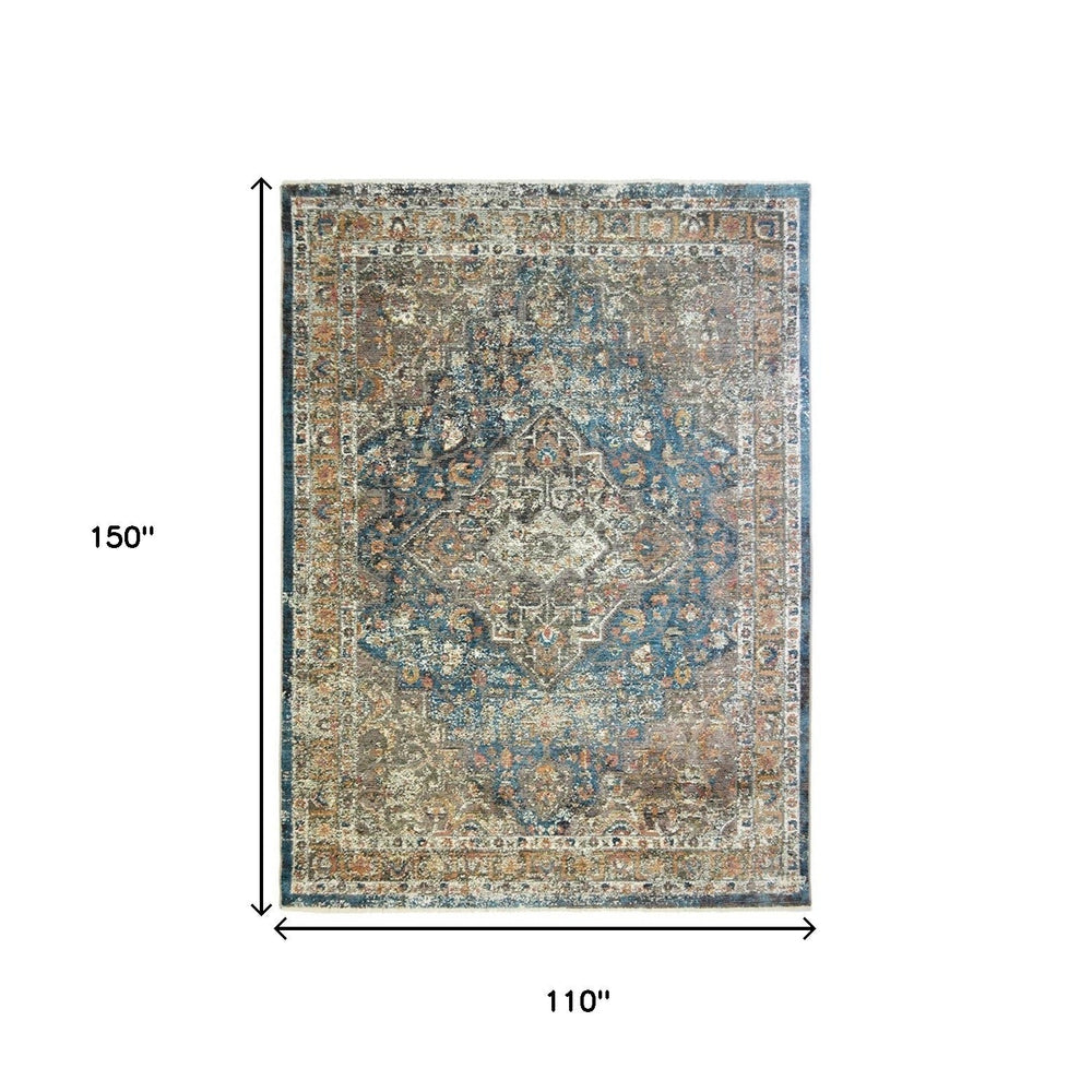 9 X 13 Blue and Brown Oriental Distressed Area Rug With Fringe Image 2