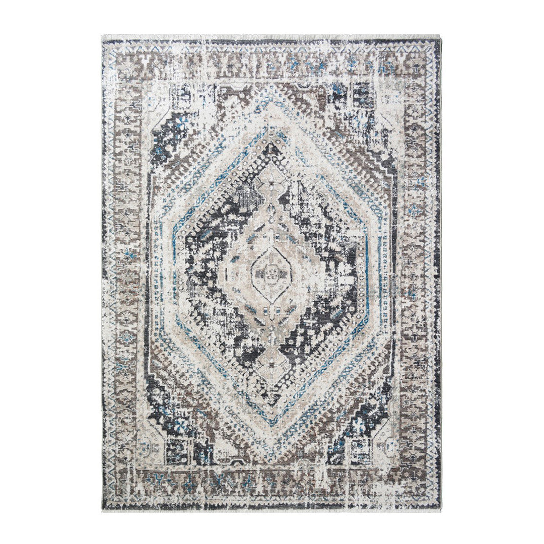 9 X 13 Gray Beige and Blue Geometric Distressed Area Rug With Fringe Image 1