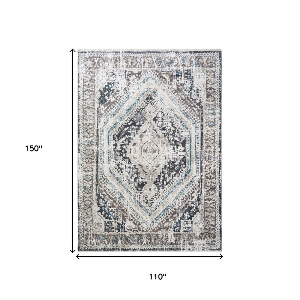 9 X 13 Gray Beige and Blue Geometric Distressed Area Rug With Fringe Image 2