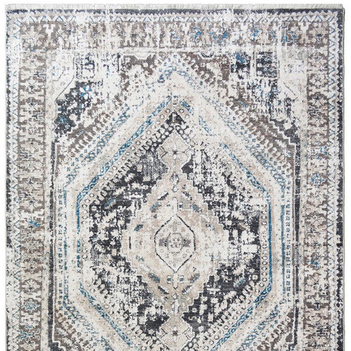 9 X 13 Gray Beige and Blue Geometric Distressed Area Rug With Fringe Image 4