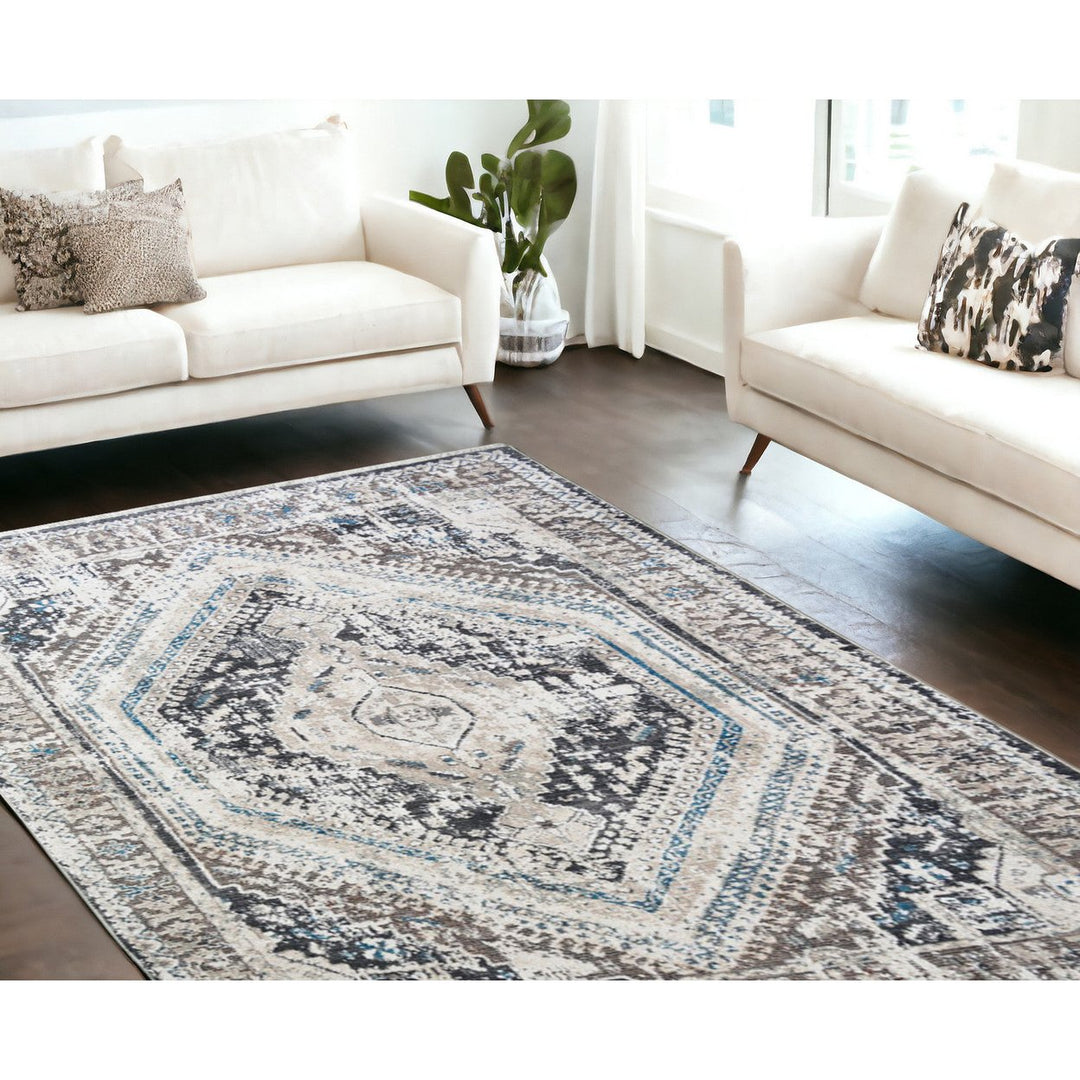 9 X 13 Gray Beige and Blue Geometric Distressed Area Rug With Fringe Image 5