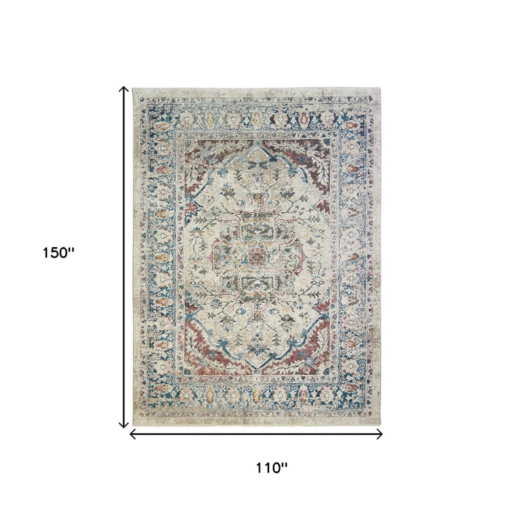 9 X 13 Ivory Blue and Gray Oriental Distressed Area Rug With Fringe Image 2