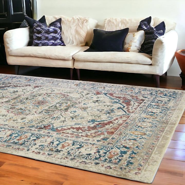 9 X 13 Ivory Blue and Gray Oriental Distressed Area Rug With Fringe Image 6