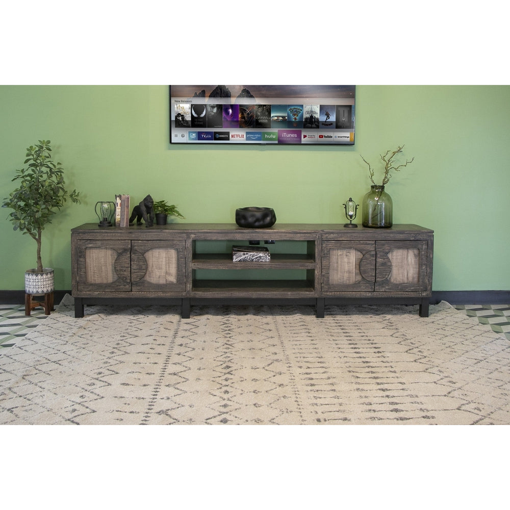 93" Brown Solid Wood Cabinet Enclosed Storage Distressed TV Stand Image 2