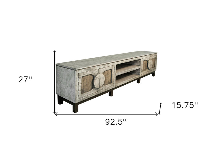 93" White Solid Wood Cabinet Enclosed Storage Distressed TV Stand Image 5