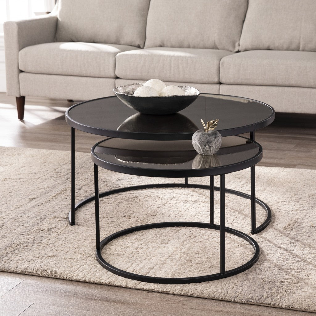 Set of Two Black And Silver Mirrored Round Nested Coffee Table Set Image 1