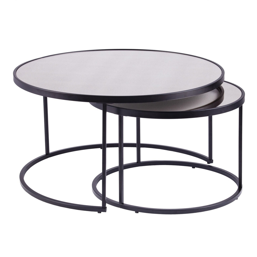 Set of Two Black And Silver Mirrored Round Nested Coffee Table Set Image 2