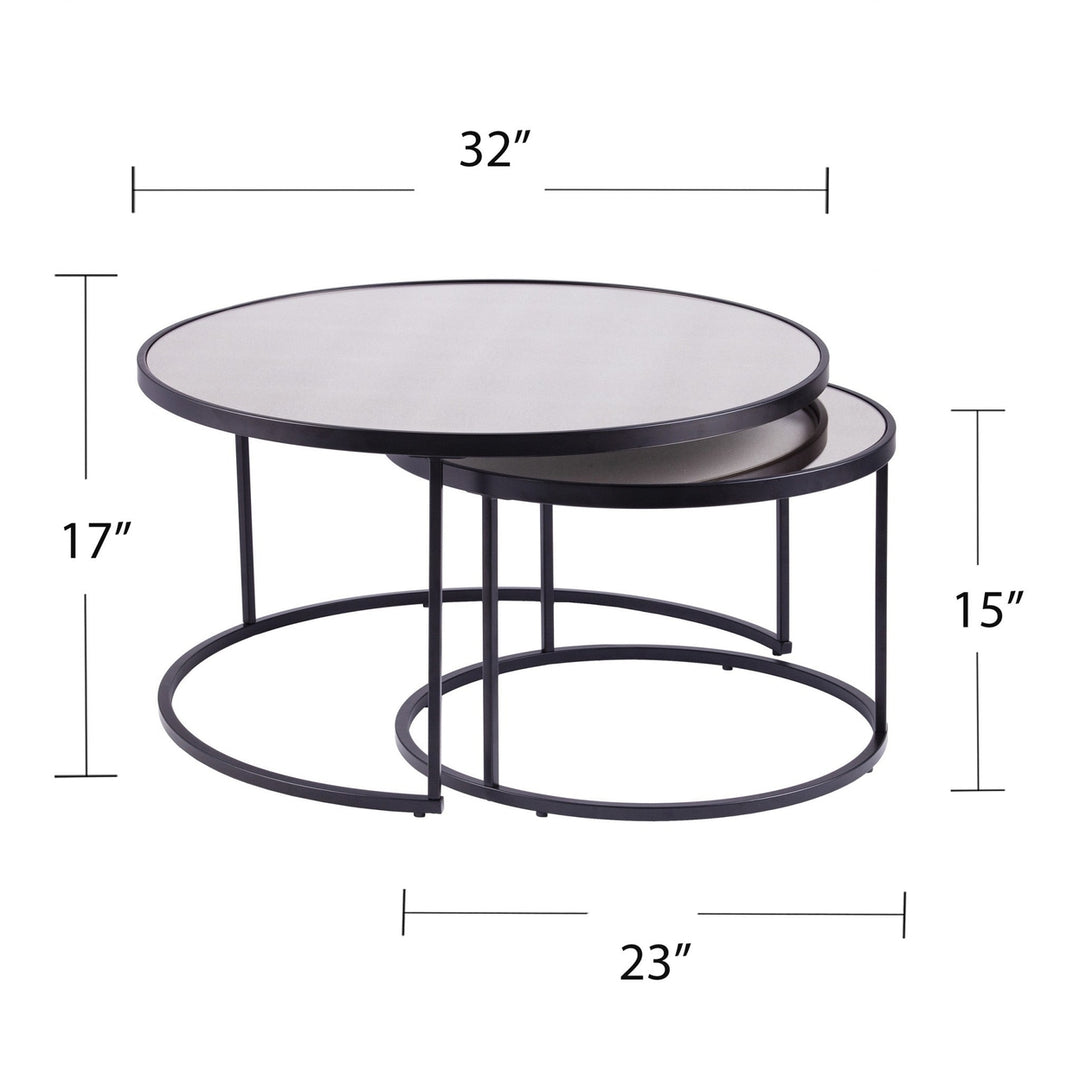 Set of Two Black And Silver Mirrored Round Nested Coffee Table Set Image 6