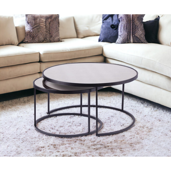 Set of Two Black And Silver Mirrored Round Nested Coffee Table Set Image 7