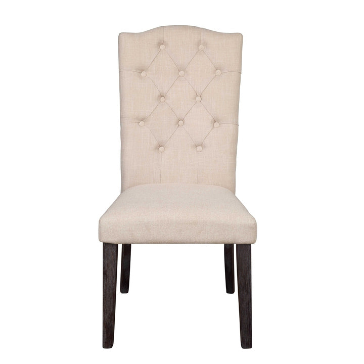 Set of Two Tufted Beige And Espresso Upholstered Linen Dining Side Chairs Image 1