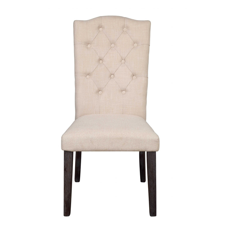 Set of Two Tufted Beige And Espresso Upholstered Linen Dining Side Chairs Image 1