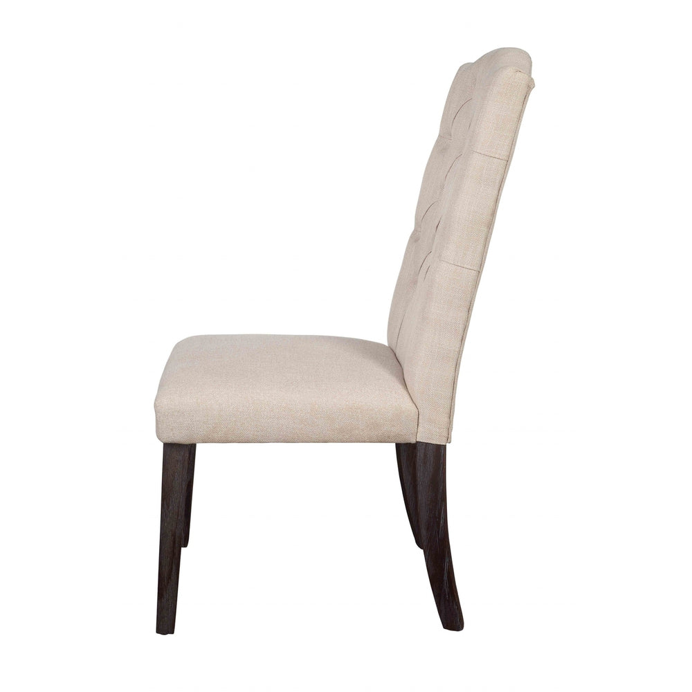 Set of Two Tufted Beige And Espresso Upholstered Linen Dining Side Chairs Image 2
