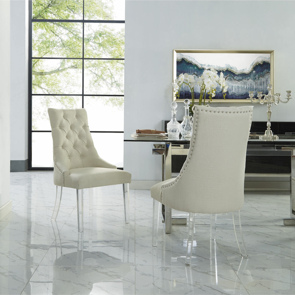 Set of Two Tufted Cream and Clear Upholstered Linen Dining Side Chairs Image 2