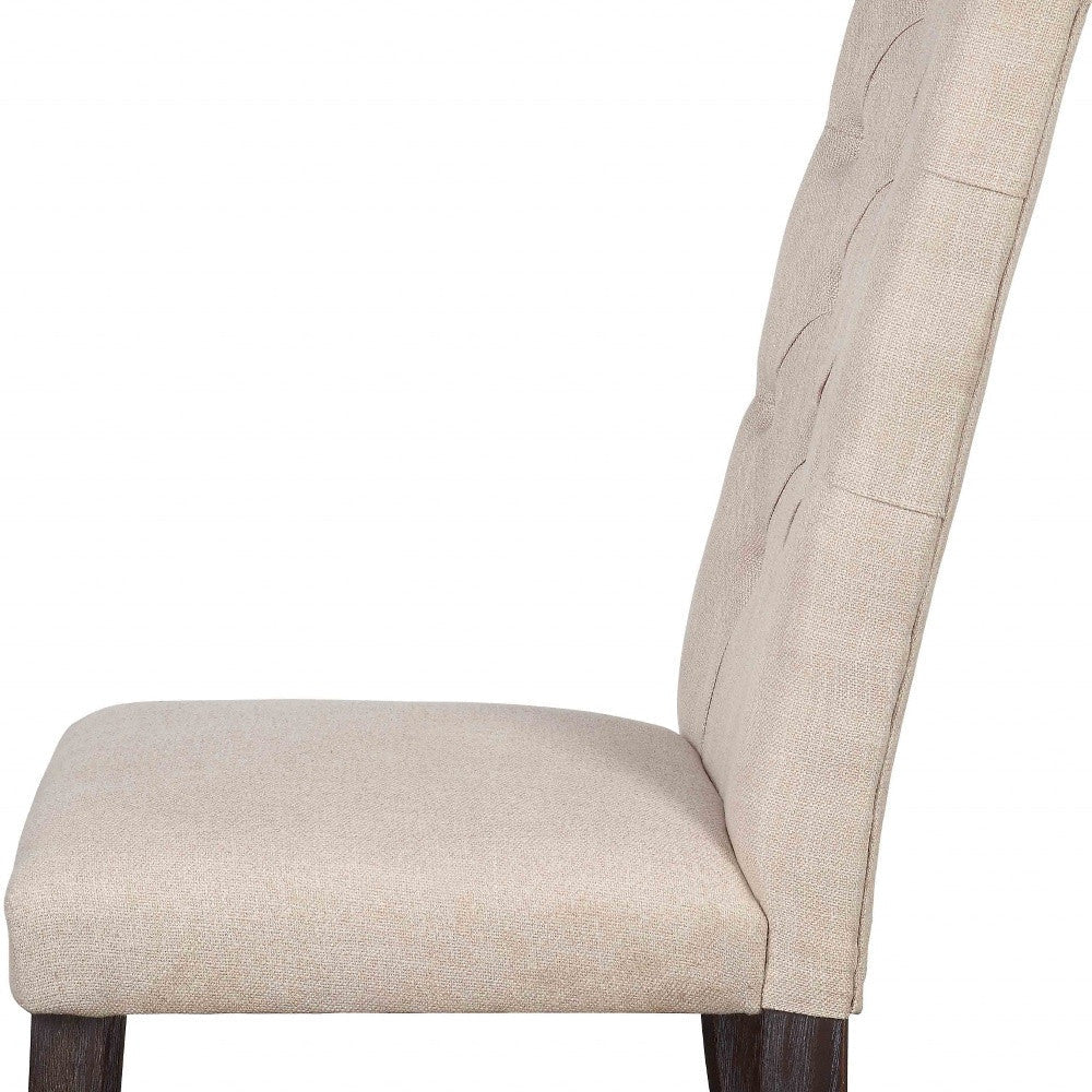 Set of Two Tufted Beige And Espresso Upholstered Linen Dining Side Chairs Image 8